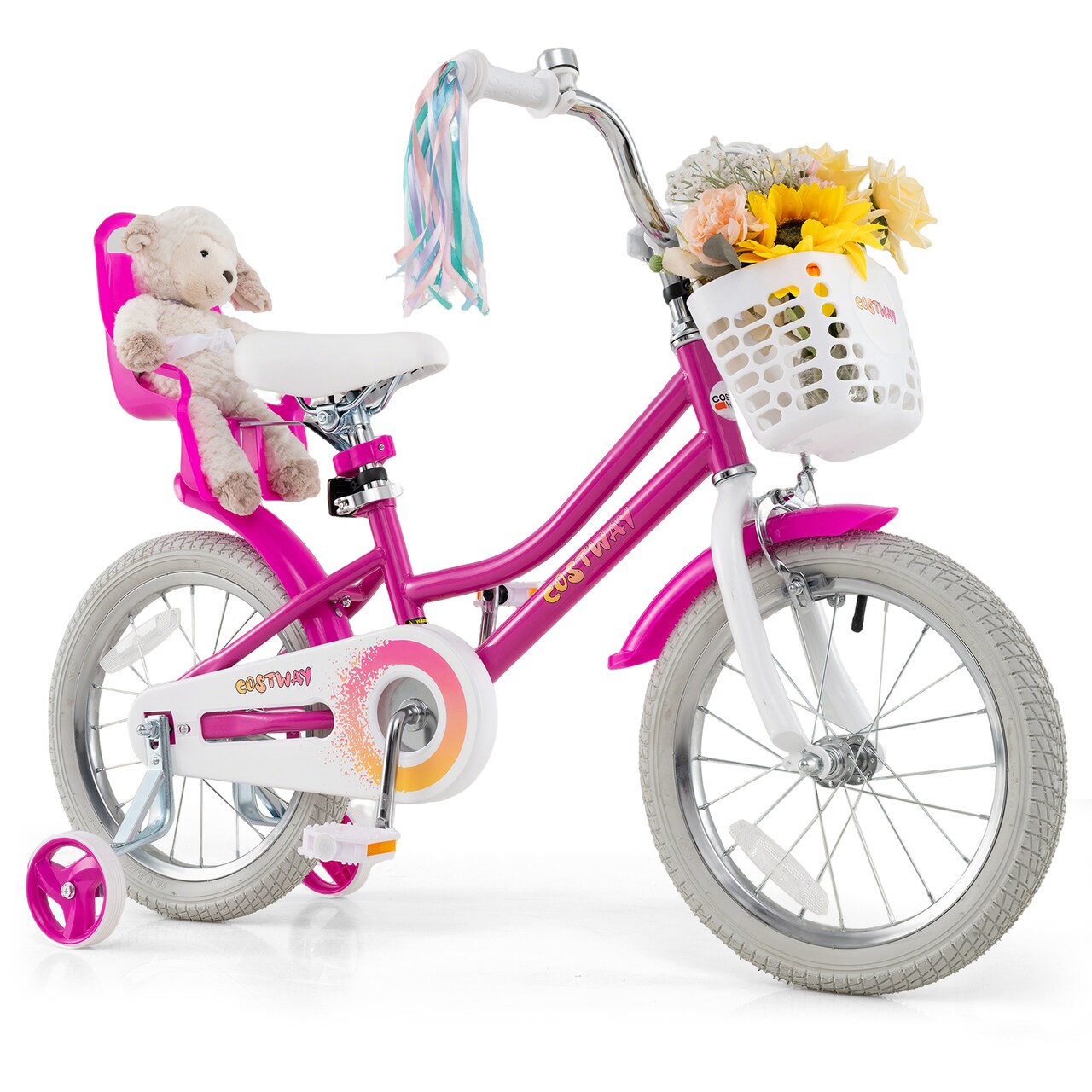 Girls Bike with Basket Doll Seat and Training Wheels Adjustable Pink Bicycle for Kids 3-8